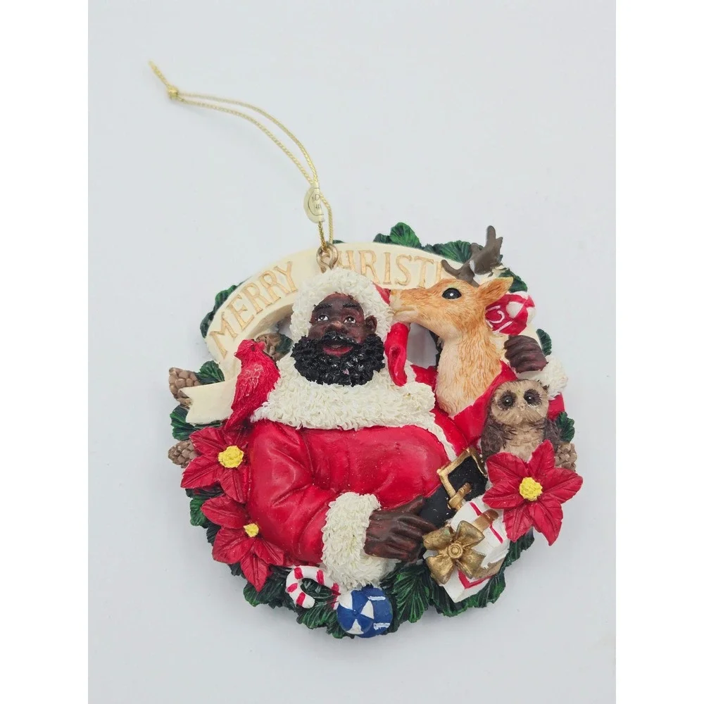 Set of 3 Black Santa Claus Resin Ornaments Wreath Candy Cane Gift Basket